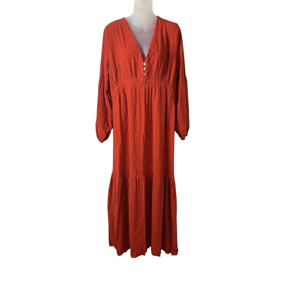 Anthropologie Amadi Alisha Linen Maxi Dress XL Long Sleeves Textured Holiday Red - Picture 3 of 16